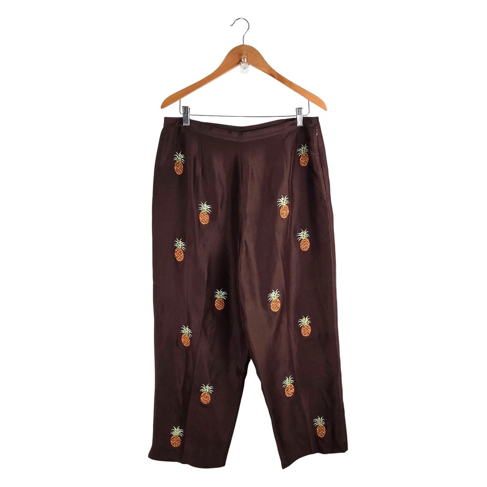 Vintage Silkland Brown Silk Pineapple Embroidered Beaded Pants Size 16 Vacation